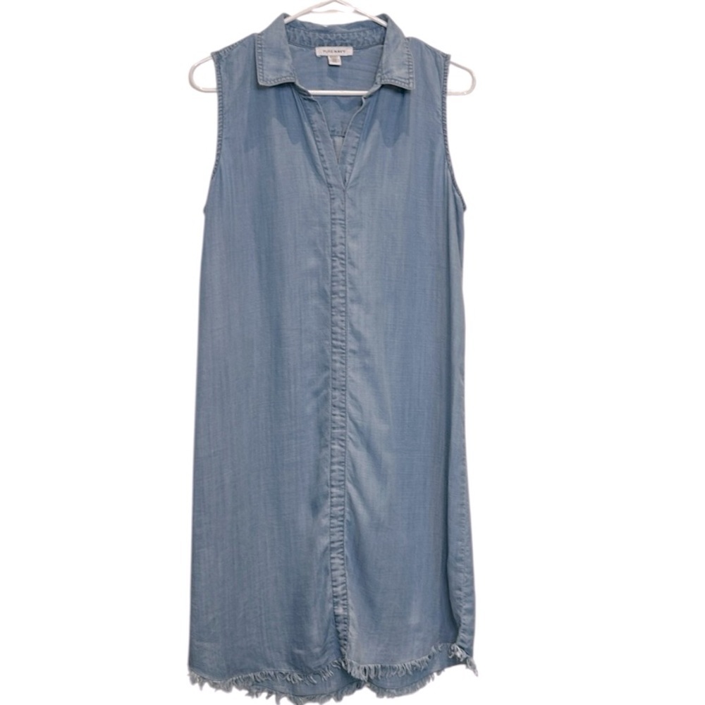 Pure Navy Chambray Sleeveless Shift Tunic Summer Dress with Frayed Hem Size L